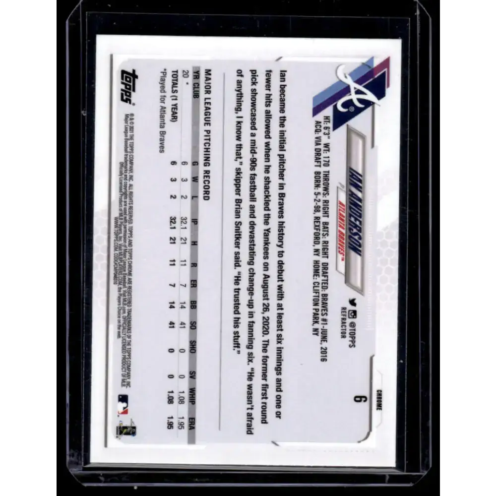 2021 Topps Chrome Refractor #6 Ian Anderson NM/MT RC Rookie Atlanta Braves Baseball Card - Baseball Card Single