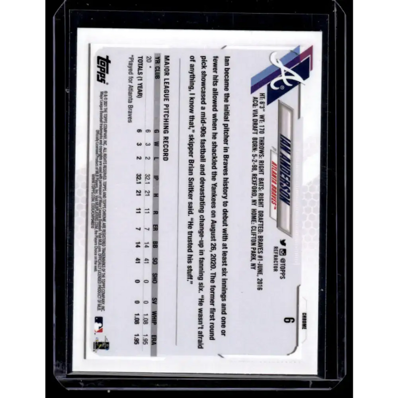 2021 Topps Chrome Refractor #6 Ian Anderson NM/MT RC Rookie Atlanta Braves Baseball Card - Baseball Card Single