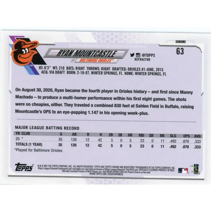 2021 Topps Chrome Refractor #63 Ryan Mountcastle NM-MT RC Rookie Baltimore Orioles Baseball Card  Image 2
