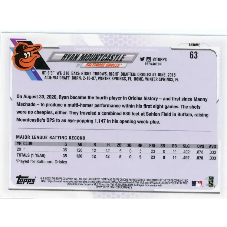 2021 Topps Chrome Refractor #63 Ryan Mountcastle NM-MT RC Rookie Baltimore Orioles Baseball Card - Baseball Card Single