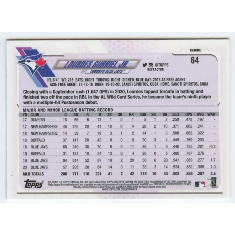 2021 Topps Chrome Refractor #64 Lourdes Gurriel Jr. NM-MT Toronto Blue Jays Baseball Card  Image 2