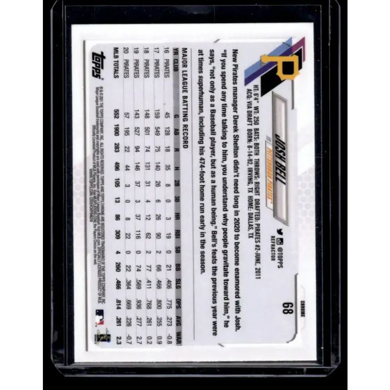 2021 Topps Chrome Refractor #68 Josh Bell NM/MT Pittsburgh Pirates Baseball Card - Baseball Card Single