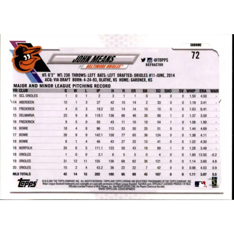 2021 Topps Chrome Refractor #72 John Means NM/MT Baltimore Orioles Baseball Card - Baseball Card Single