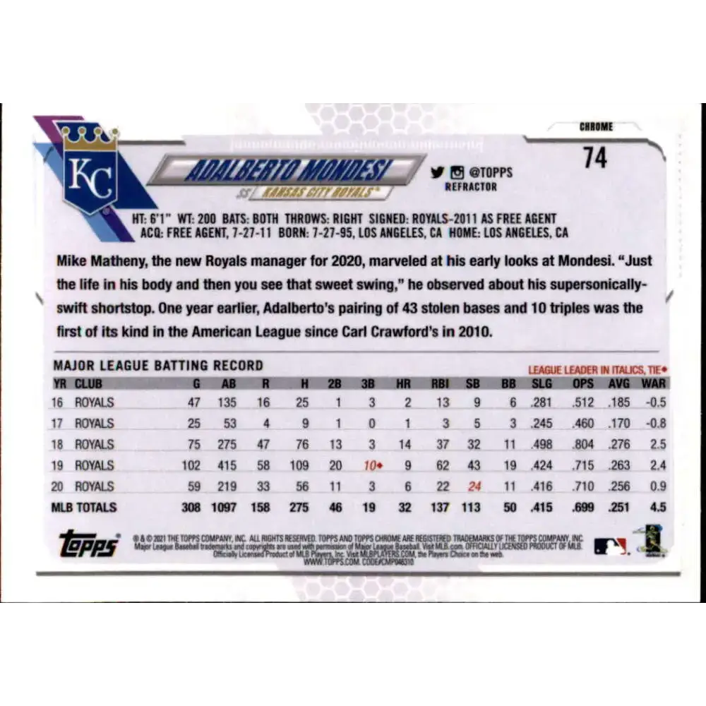 2021 Topps Chrome Refractor #74 Adalberto Mondesi NM/MT Kansas City Royals Baseball Card - Baseball Card Single