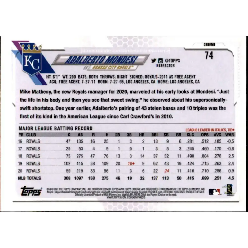 2021 Topps Chrome Refractor #74 Adalberto Mondesi NM/MT Kansas City Royals Baseball Card - Baseball Card Single