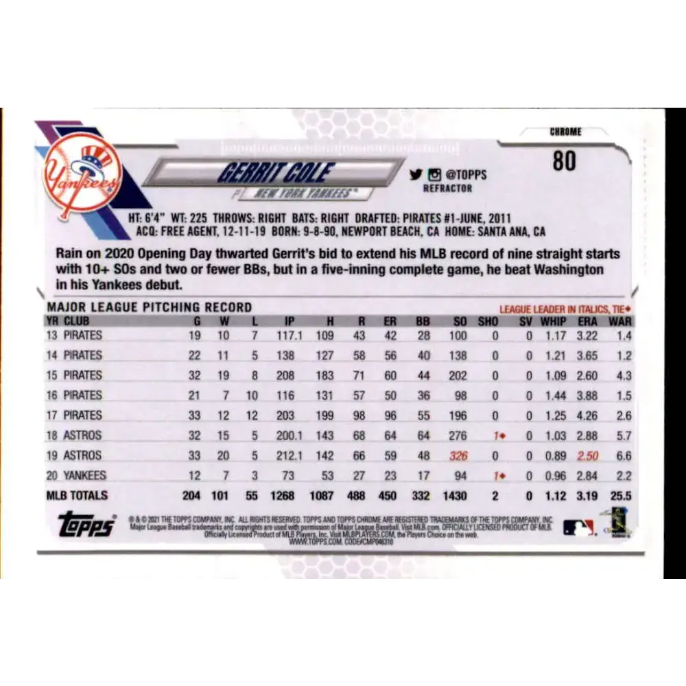 2021 Topps Chrome Refractor #80 Gerrit Cole NM/MT New York Yankees Baseball Card - Baseball Card Single