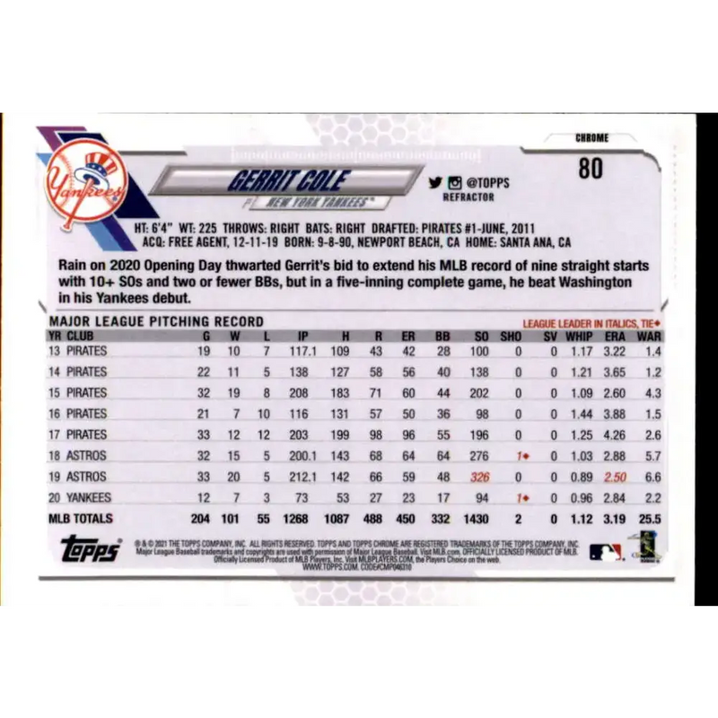 2021 Topps Chrome Refractor #80 Gerrit Cole NM/MT New York Yankees Baseball Card - Baseball Card Single
