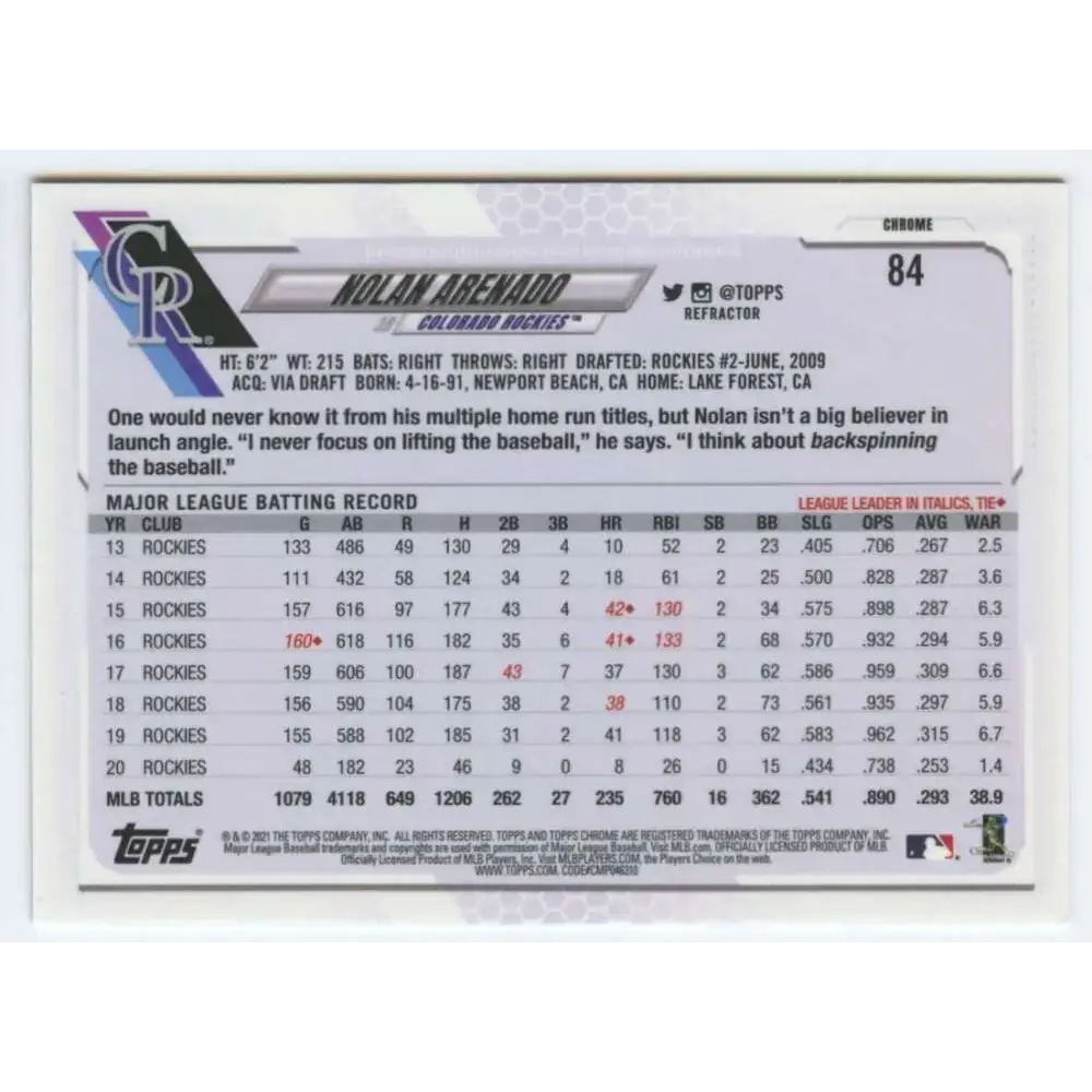 2021 Topps Chrome Refractor #84 Nolan Arenado NM/MT Colorado Rockies Baseball Card - Baseball Card Single