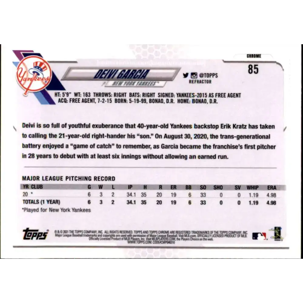 2021 Topps Chrome Refractor #85 Deivi Garcia NM/MT RC Rookie New York Yankees Baseball Card - Baseball Card Single