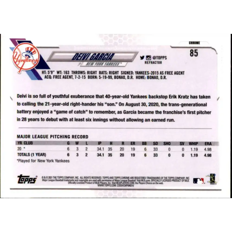 2021 Topps Chrome Refractor #85 Deivi Garcia NM/MT RC Rookie New York Yankees Baseball Card - Baseball Card Single