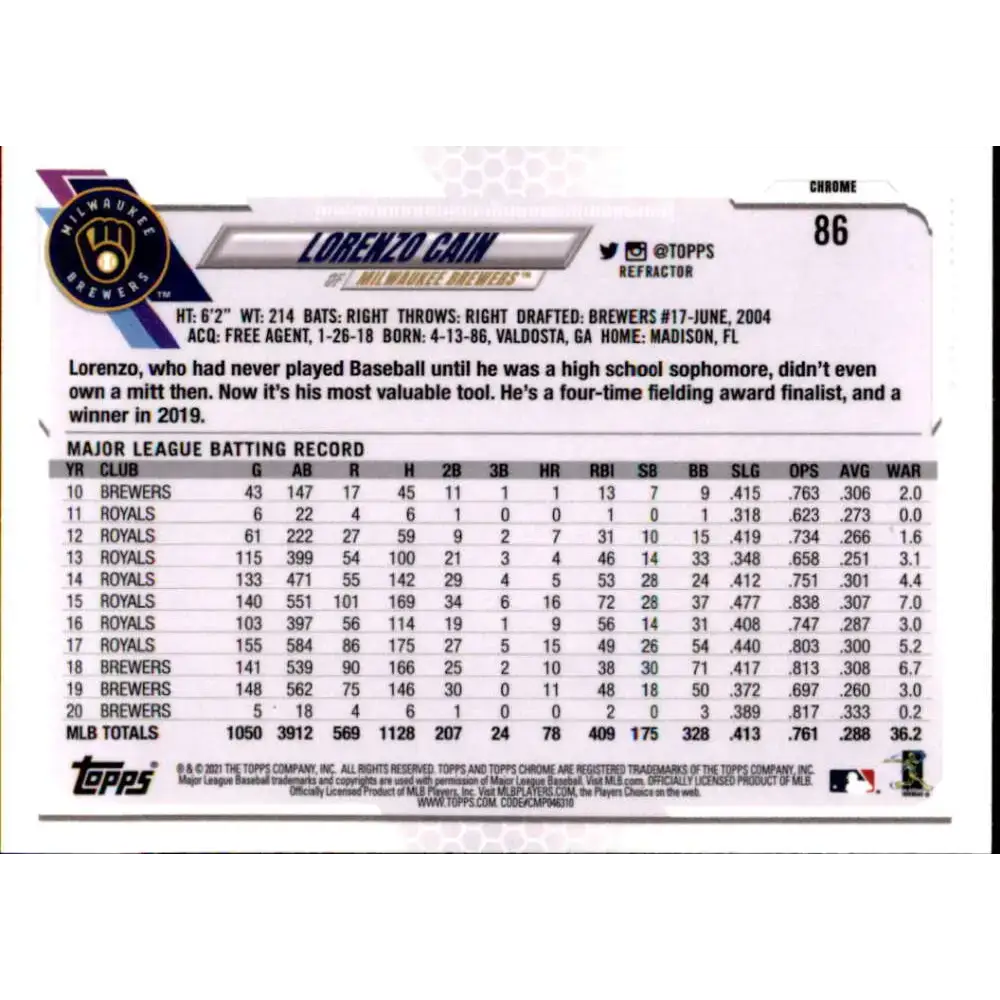 2021 Topps Chrome Refractor #86 Lorenzo Cain NM/MT Milwaukee Brewers Baseball Card - Baseball Card Single