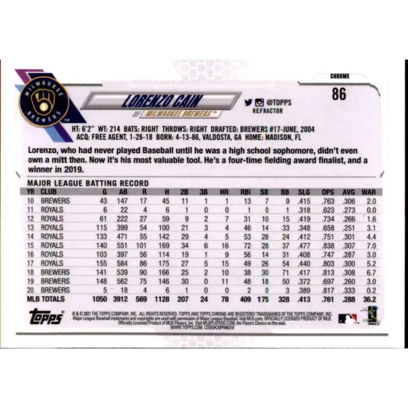 2021 Topps Chrome Refractor #86 Lorenzo Cain NM/MT Milwaukee Brewers Baseball Card - Baseball Card Single