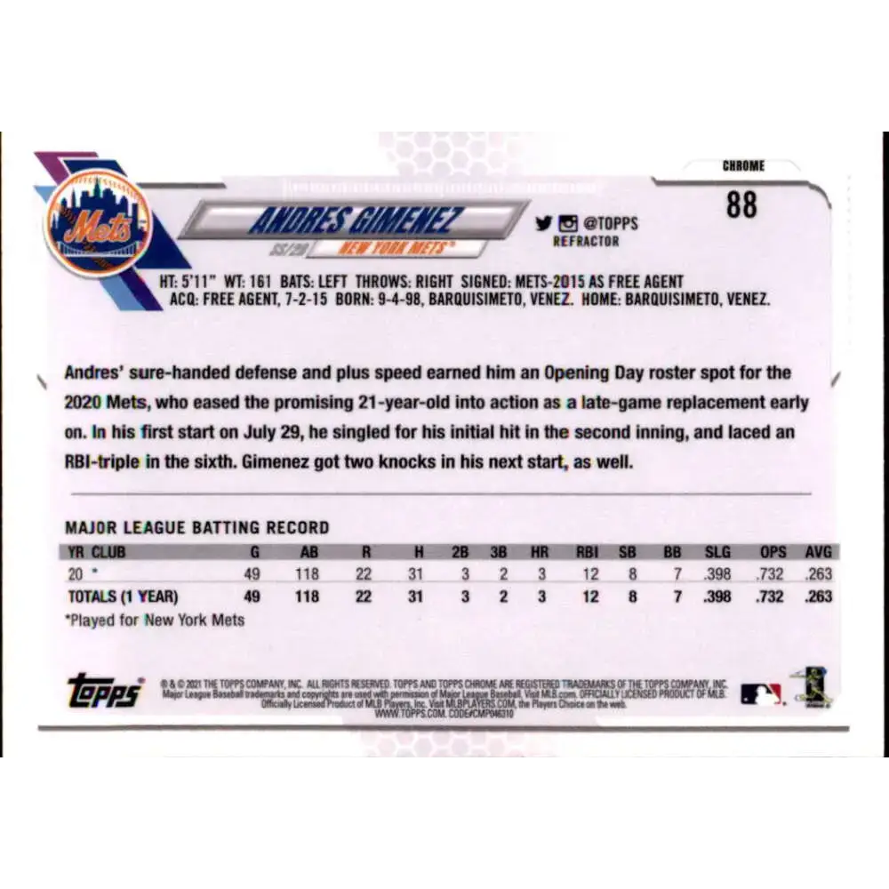 2021 Topps Chrome Refractor #88 Andres Gimenez NM/MT RC Rookie New York Mets Baseball Card - Baseball Card Single