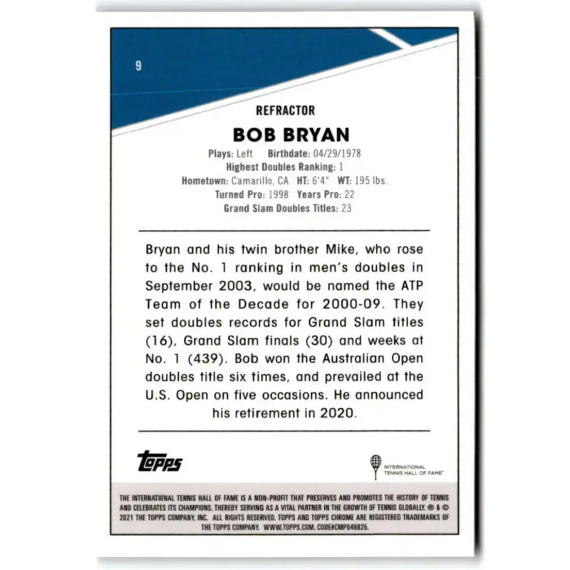 2021 Topps Chrome Refractor #9 Bob Bryan NM-MT Tennis Card - Other