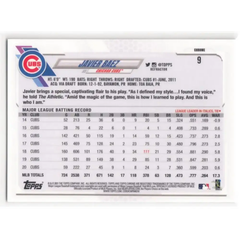 2021 Topps Chrome Refractor #9 Javier Baez NM/MT Chicago Cubs Baseball Card - Baseball Card Single