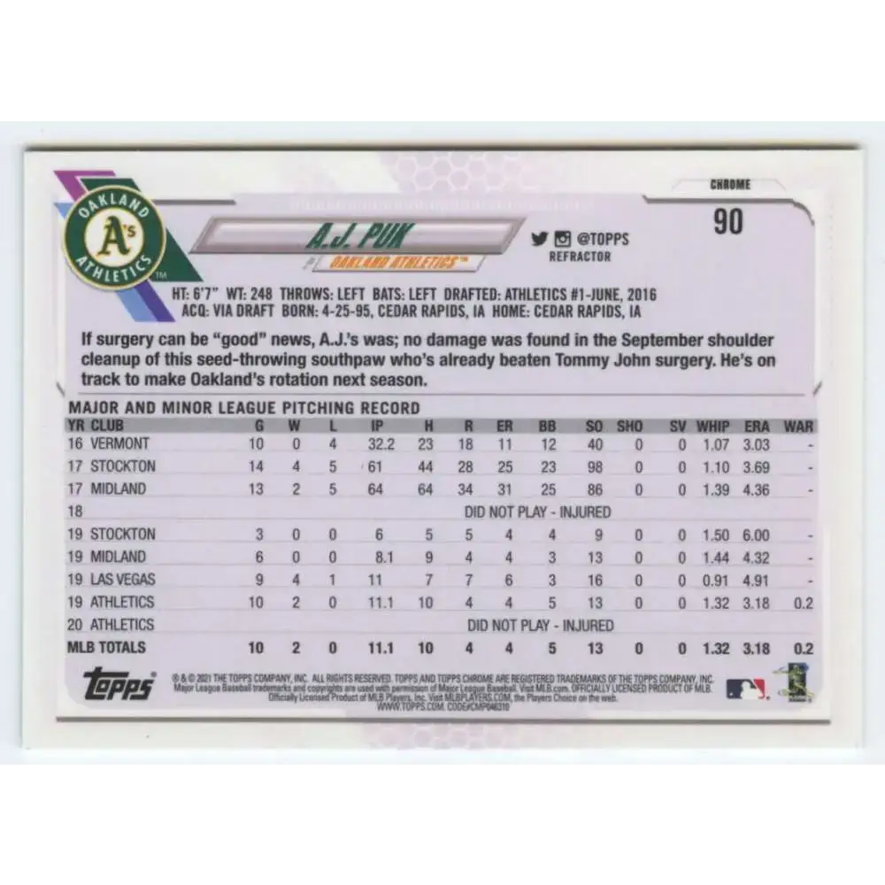 2021 Topps Chrome Refractor #90 A.J. Puk NM/MT Oakland Athletics Baseball Card - Baseball Card Single