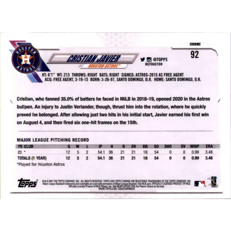 2021 Topps Chrome Refractor #92 Cristian Javier NM-MT RC Rookie Houston Astros Baseball Card - Baseball Card Single
