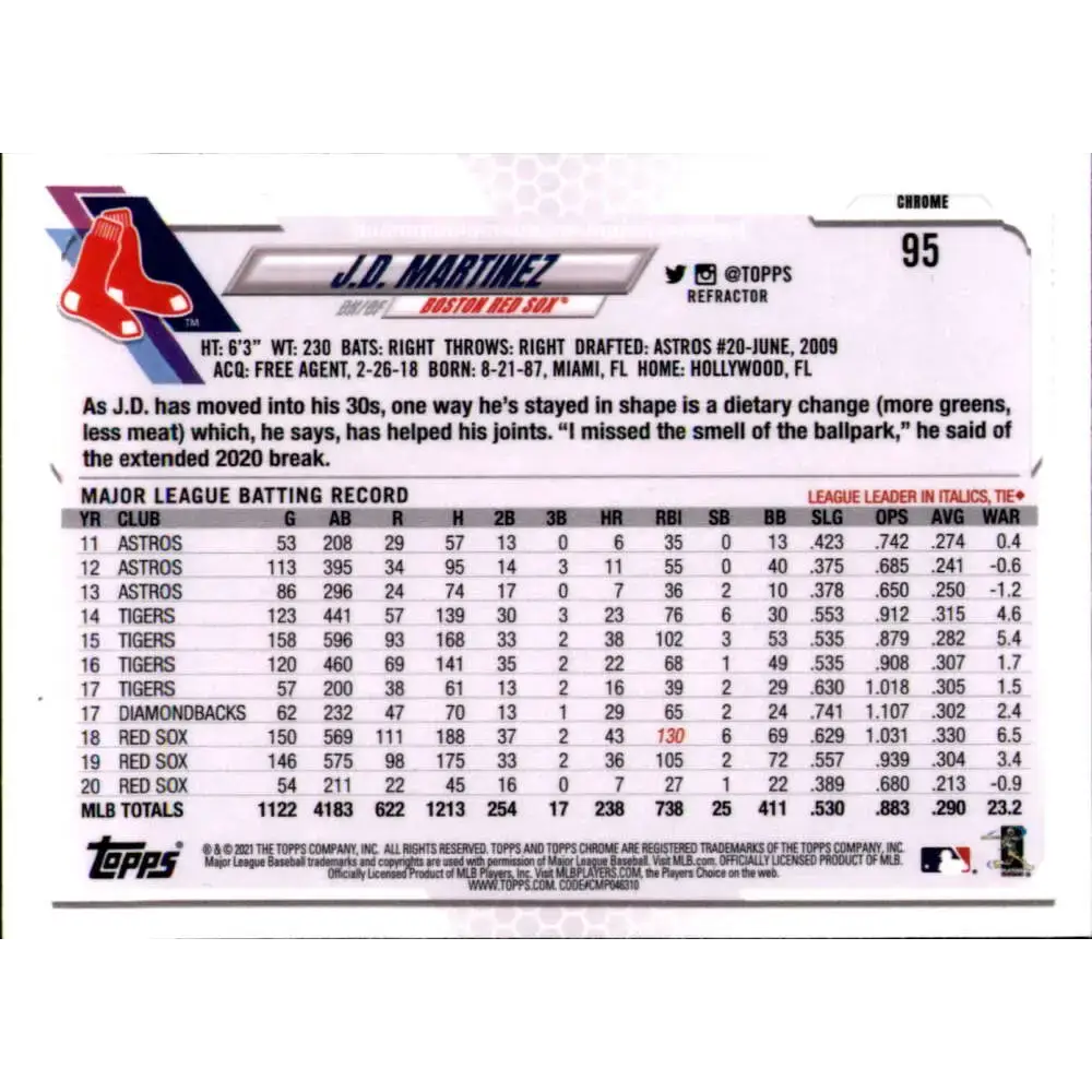 2021 Topps Chrome Refractor #95 J.D. Martinez NM/MT Boston Red Sox Baseball Card - Baseball Card Single