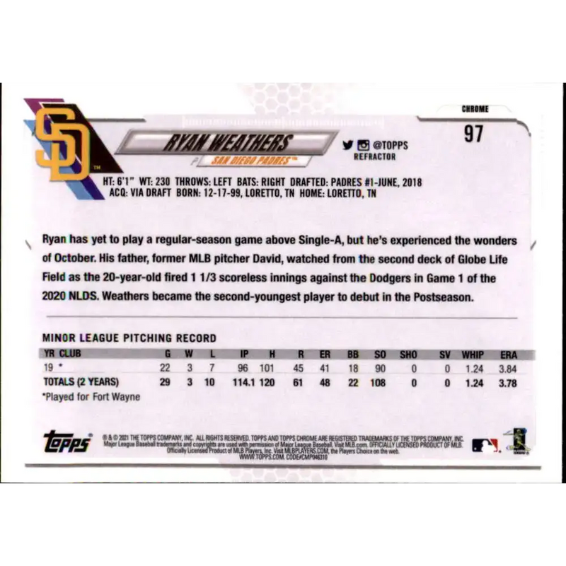 2021 Topps Chrome Refractor #97 Ryan Weathers NM/MT RC Rookie San Diego Padres Baseball Card - Baseball Card Single