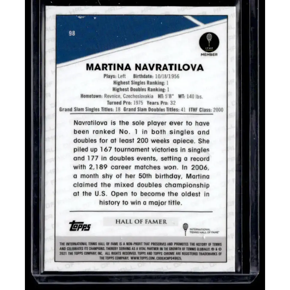 2021 Topps Chrome Refractor Black/White Mini Diamond #98 Martina Navratilova NM-MT Tennis Card - Tennis Card Single