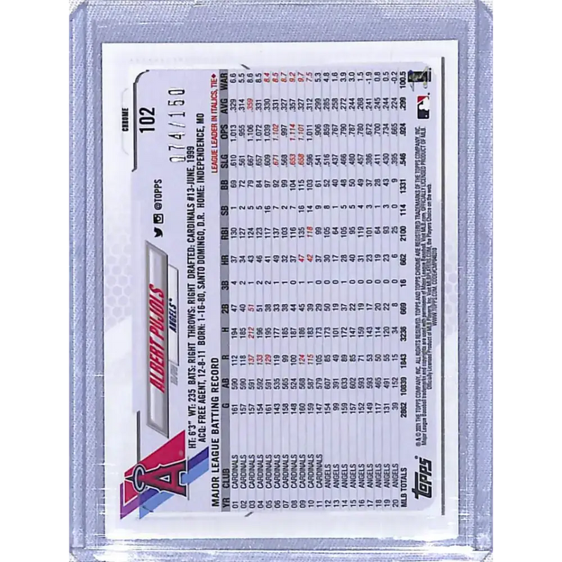 2021 Topps Chrome Refractor Blue #102 Albert Pujols NM-MT 74/150 Los Angeles Angels Baseball Card - Baseball Card Single