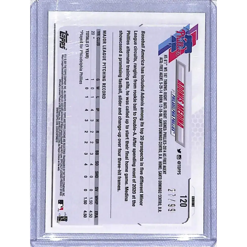 2021 Topps Chrome Refractor Green #120 Adonis Medina NM-MT RC Rookie 27/99 Philadelphia Phillies Baseball Card
