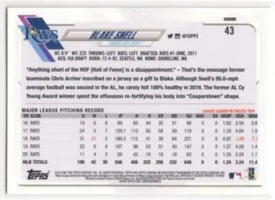 2021 Topps Chrome Refractor Pink #43 Blake Snell NM-MT Rays - Baseball Card Single