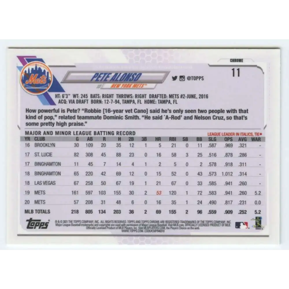 2021 Topps Chrome Refractor Prism #11 Pete Alonso NM/MT New York Mets Baseball Card - Baseball Card Single