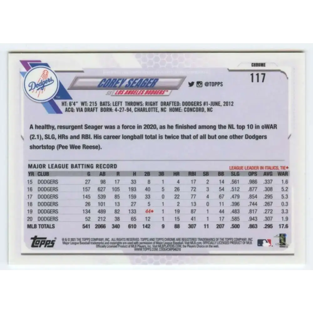 2021 Topps Chrome Refractor Prism #117 Corey Seager NM/MT Los Angeles Dodgers Baseball Card - Baseball Card Single
