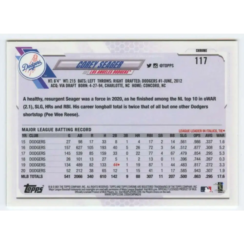 2021 Topps Chrome Refractor Prism #117 Corey Seager NM/MT Los Angeles Dodgers Baseball Card - Baseball Card Single