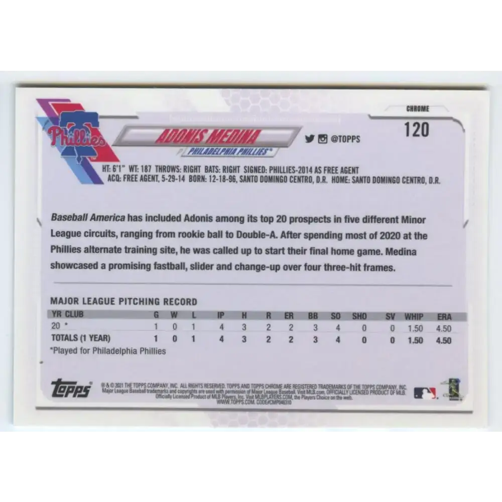 2021 Topps Chrome Refractor Prism #120 Adonis Medina NM/MT RC Rookie Philadelphia Phillies Baseball Card - Baseball