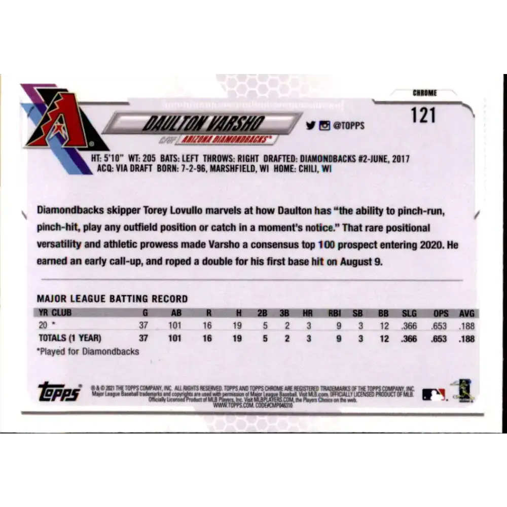 2021 Topps Chrome Refractor Prism #121 Daulton Varsho NM/MT RC Rookie Arizona Diamondbacks Baseball Card - Baseball