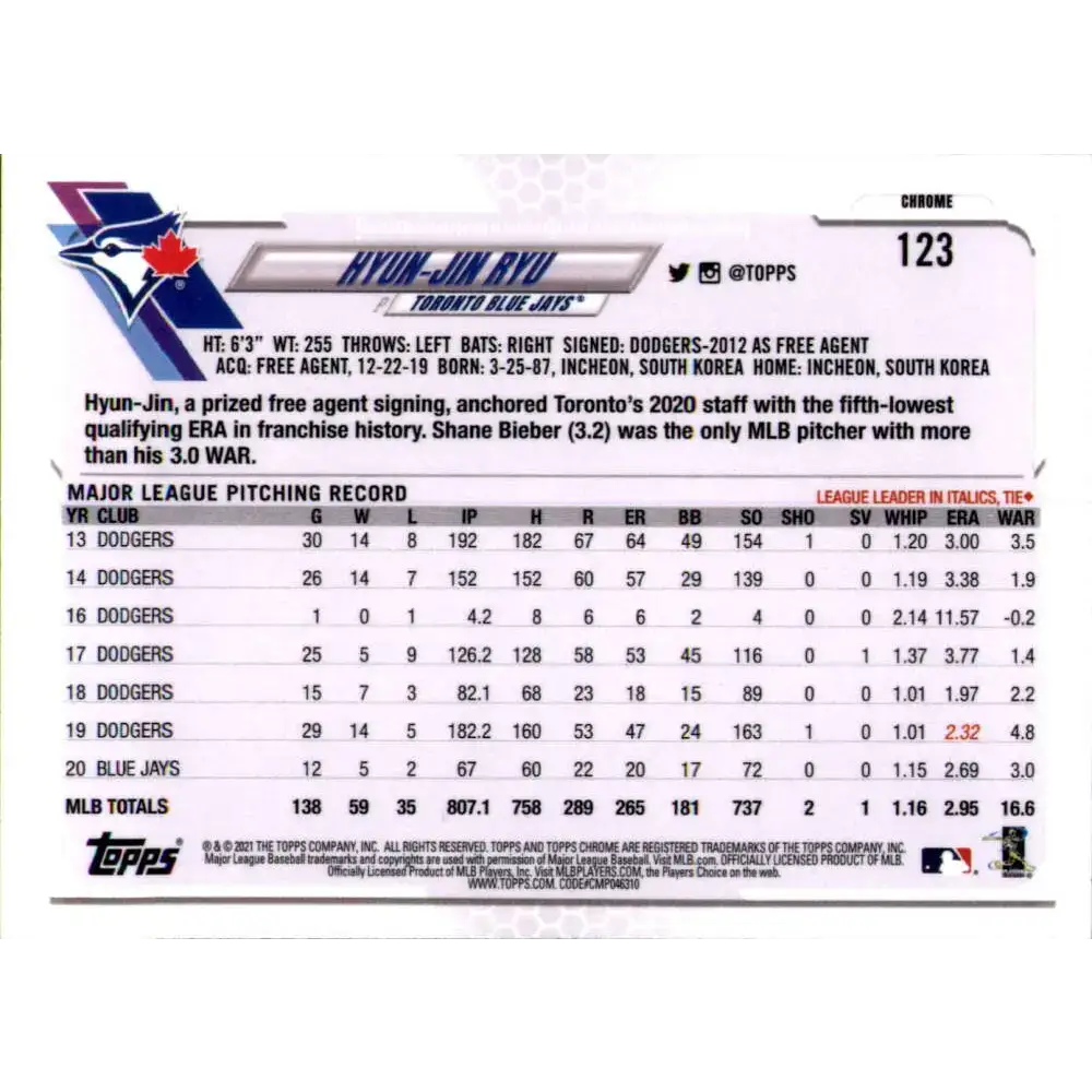 2021 Topps Chrome Refractor Prism #123 Hyun-Jin Ryu NM/MT Toronto Blue Jays Baseball Card - Baseball Card Single