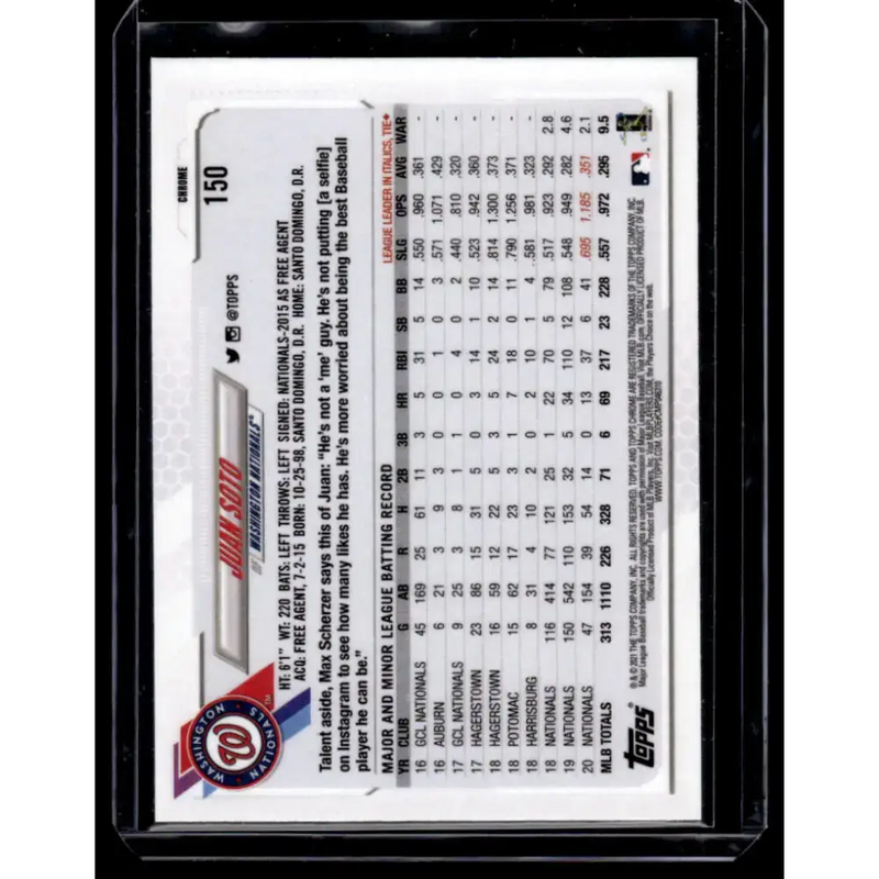 2021 Topps Chrome Refractor Prism #150 Juan Soto NM/MT Washington Nationals Baseball Card - Baseball Card Single