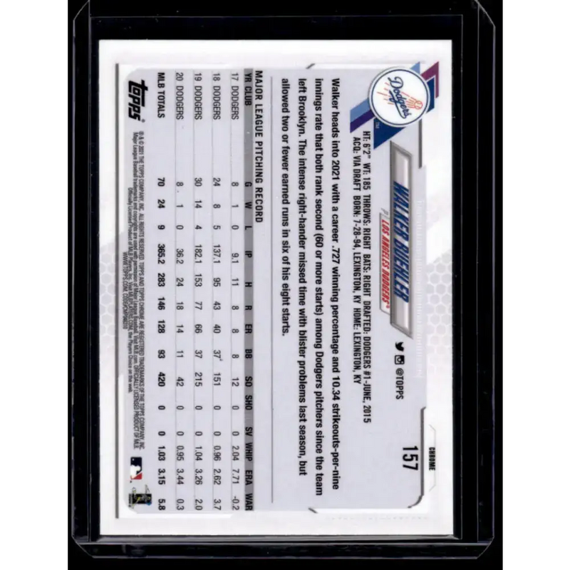 2021 Topps Chrome Refractor Prism #157 Walker Buehler NM/MT Los Angeles Dodgers Baseball Card - Baseball Card Single