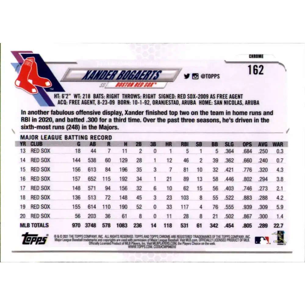 2021 Topps Chrome Refractor Prism #162 Xander Bogaerts NM/MT Boston Red Sox Baseball Card - Baseball Card Single