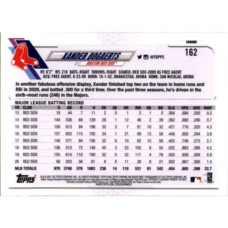 2021 Topps Chrome Refractor Prism #162 Xander Bogaerts NM/MT Boston Red Sox Baseball Card - Baseball Card Single