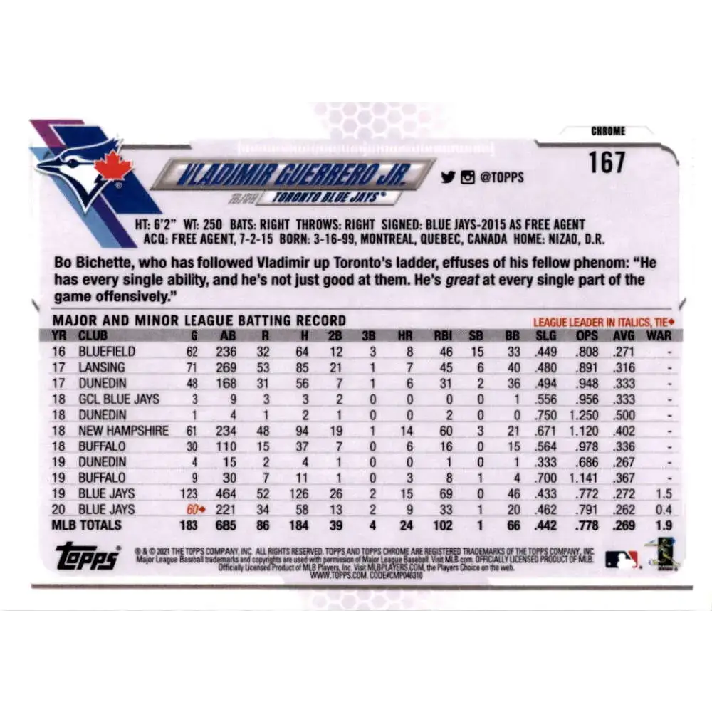 2021 Topps Chrome Refractor Prism #167 Vladimir Guerrero Jr. NM/MT Toronto Blue Jays Baseball Card - Baseball Card