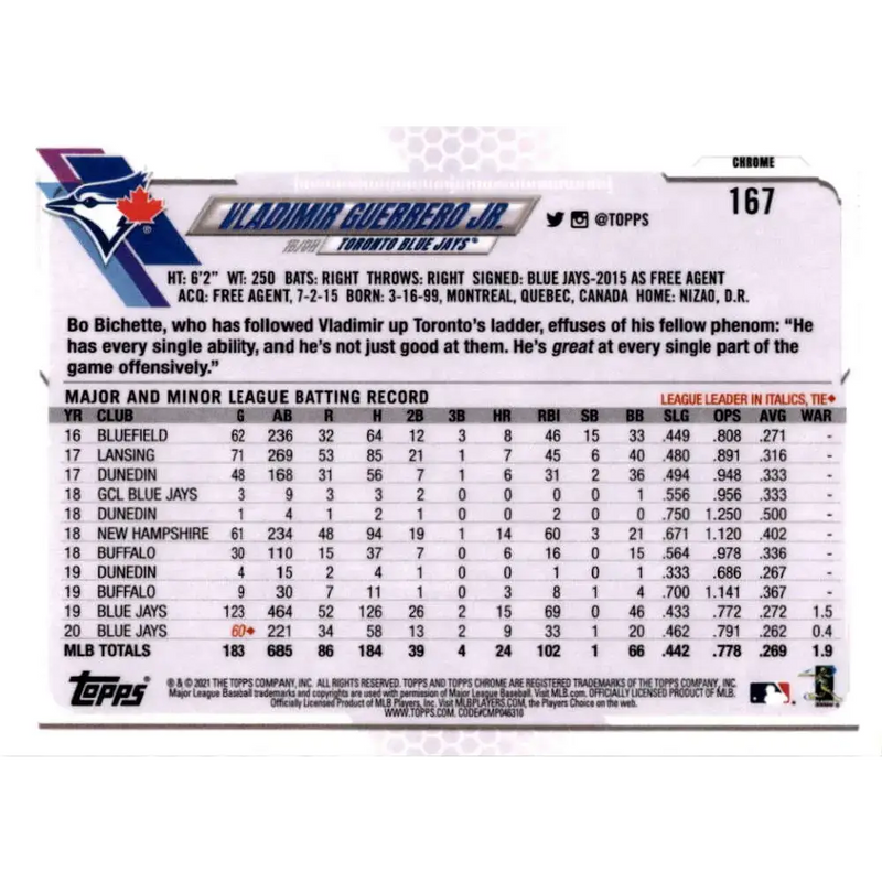 2021 Topps Chrome Refractor Prism #167 Vladimir Guerrero Jr. NM/MT Toronto Blue Jays Baseball Card - Baseball Card