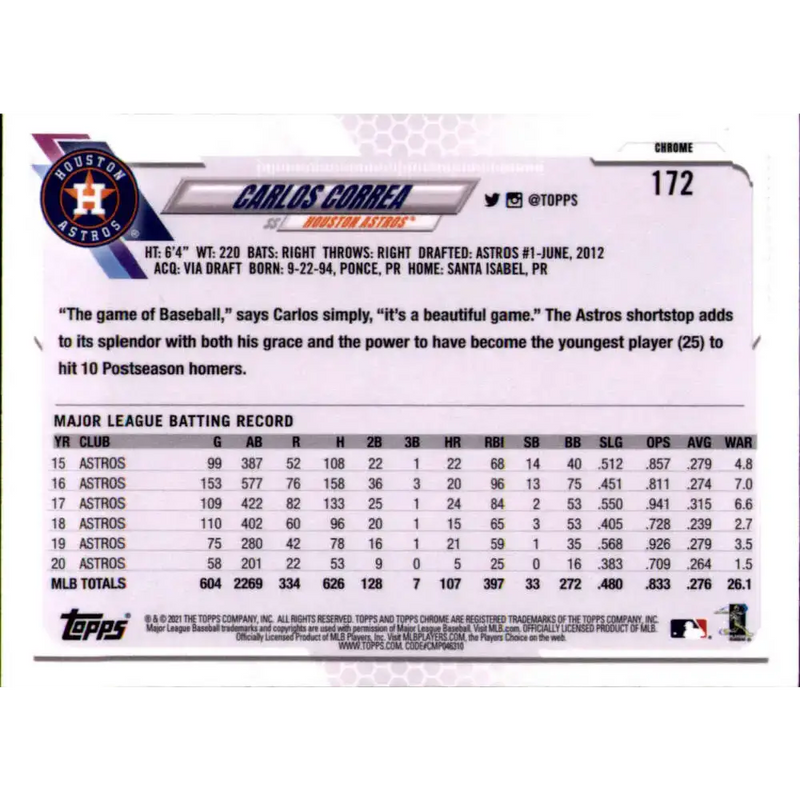 2021 Topps Chrome Refractor Prism #172 Carlos Correa NM/MT Houston Astros Baseball Card - Baseball Card Single