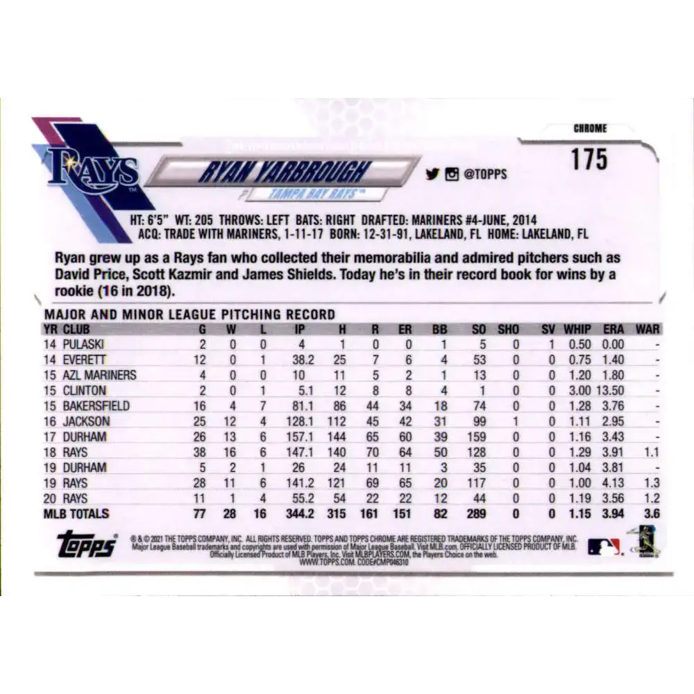 2021 Topps Chrome Refractor Prism #175 Ryan Yarbrough NM/MT Tampa Bay Rays Baseball Card - Baseball Card Single