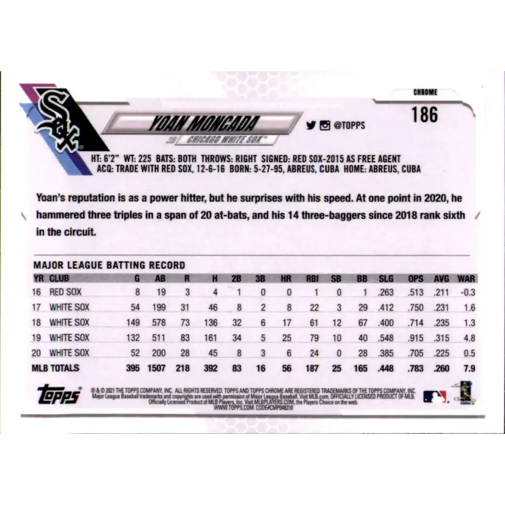 2021 Topps Chrome Refractor Prism #186 Yoan Moncada NM/MT Chicago White Sox Baseball Card - Baseball Card Single