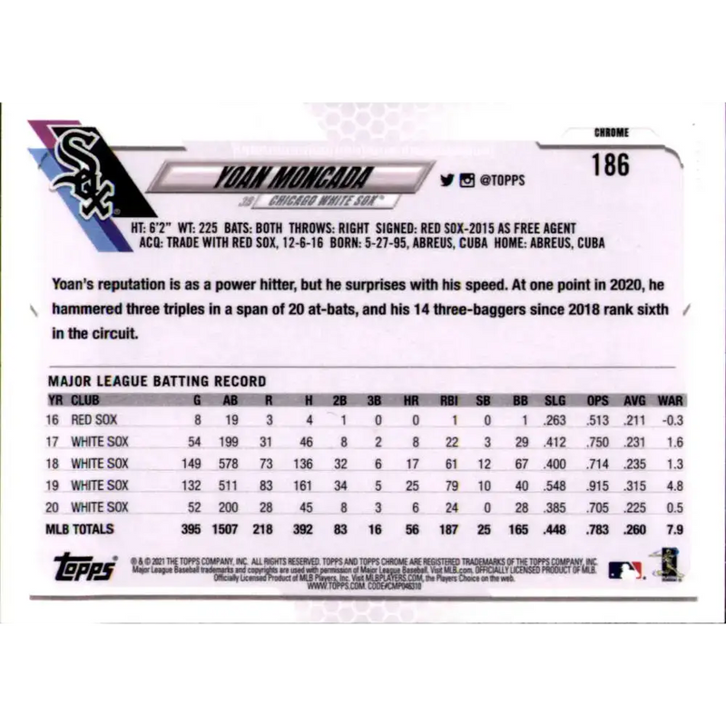 2021 Topps Chrome Refractor Prism #186 Yoan Moncada NM/MT Chicago White Sox Baseball Card - Baseball Card Single
