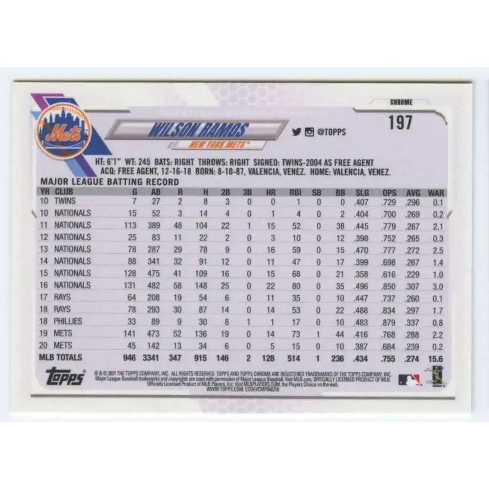 2021 Topps Chrome Refractor Prism #197 Wilson Ramos NM/MT New York Mets Baseball Card - Baseball Card Single
