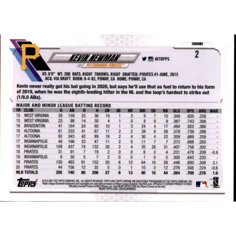 2021 Topps Chrome Refractor Prism #2 Kevin Newman NM/MT Pittsburgh Pirates Baseball Card - Baseball Card Single
