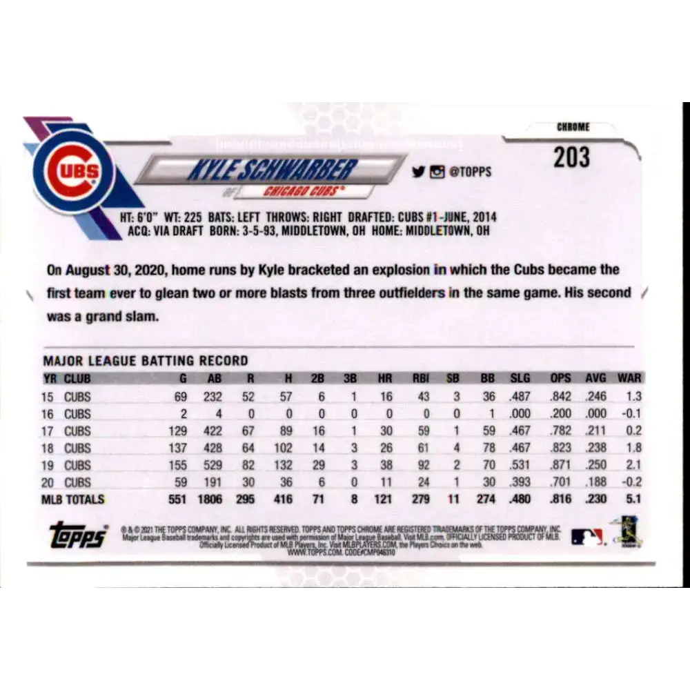 2021 Topps Chrome Refractor Prism #203 Kyle Schwarber NM/MT Chicago Cubs Baseball Card - Baseball Card Single