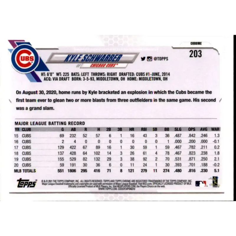 2021 Topps Chrome Refractor Prism #203 Kyle Schwarber NM/MT Chicago Cubs Baseball Card - Baseball Card Single