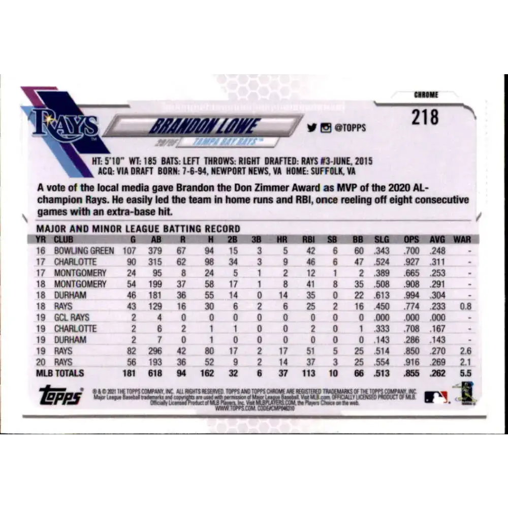 2021 Topps Chrome Refractor Prism #218 Brandon Lowe NM/MT Tampa Bay Rays Baseball Card - Baseball Card Single