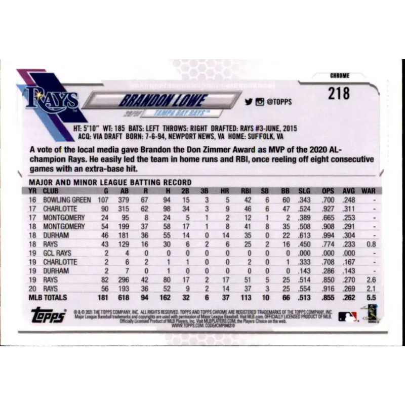 2021 Topps Chrome Refractor Prism #218 Brandon Lowe NM/MT Tampa Bay Rays Baseball Card - Baseball Card Single