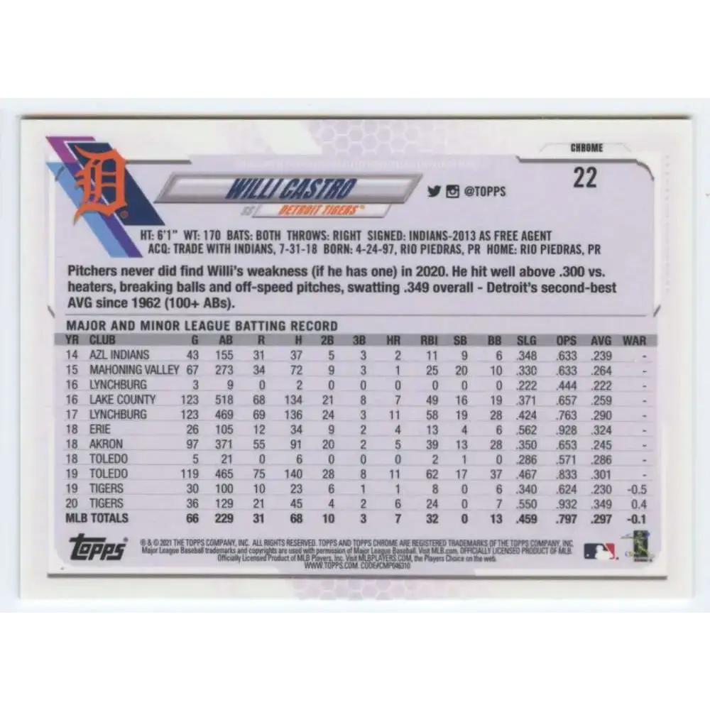 2021 Topps Chrome Refractor Prism #22 Willi Castro NM/MT Detroit Tigers Baseball Card - Baseball Card Single